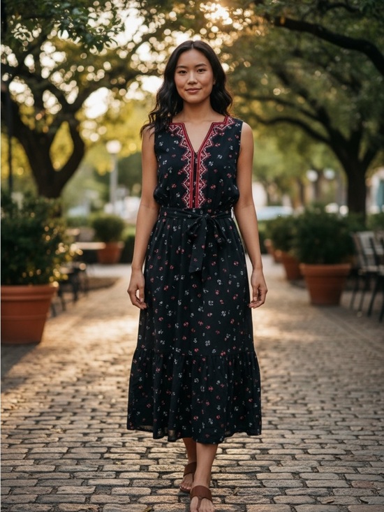 GAP Dresses & Skirts - Gap Black Floral Ditsy Print Embroidered Midi Dress Tie Waist Sleeveless Size M